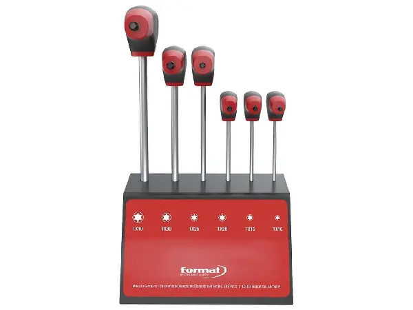 Juego destornilladores c/ Juego con salida lateral 7 piezas T10-40 en soporte FORMAT