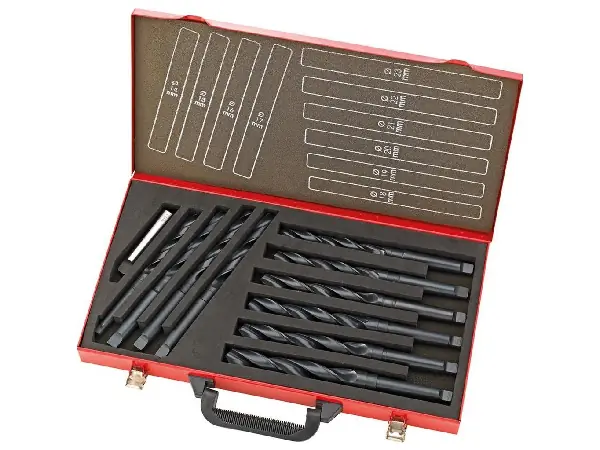 Jgo broca espiral DIN345 HSS, forja por laminación 14-23mm, 1mm paso Maletin de metal FORTIS